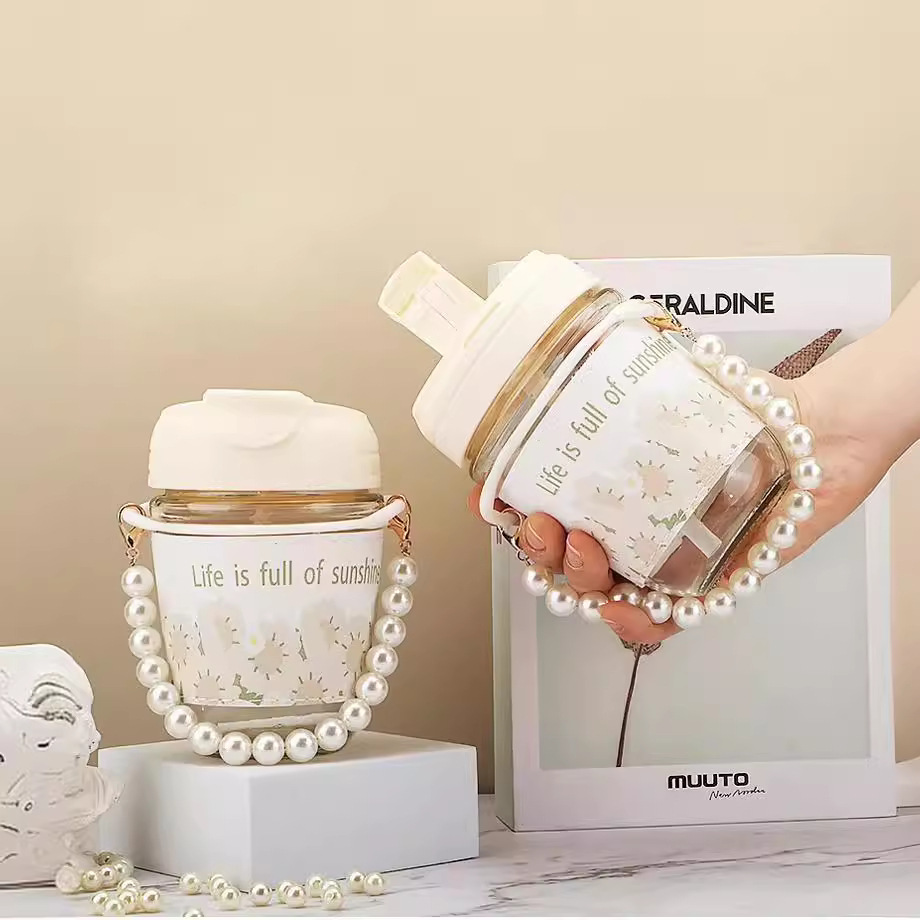 High-looking glass water cup for girls and students, fresh and cute double drink pearl ins style portable coffee cup
