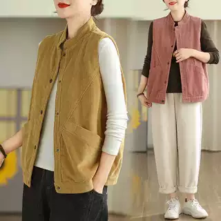 实拍2025春新款灯芯绒马甲女外搭文艺休闲百搭宽无袖马夹
