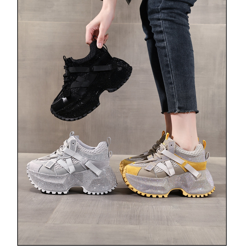 Giày sneaker nữ đế dày đính đá phối màu phong cách bố — đen chi tiết 16