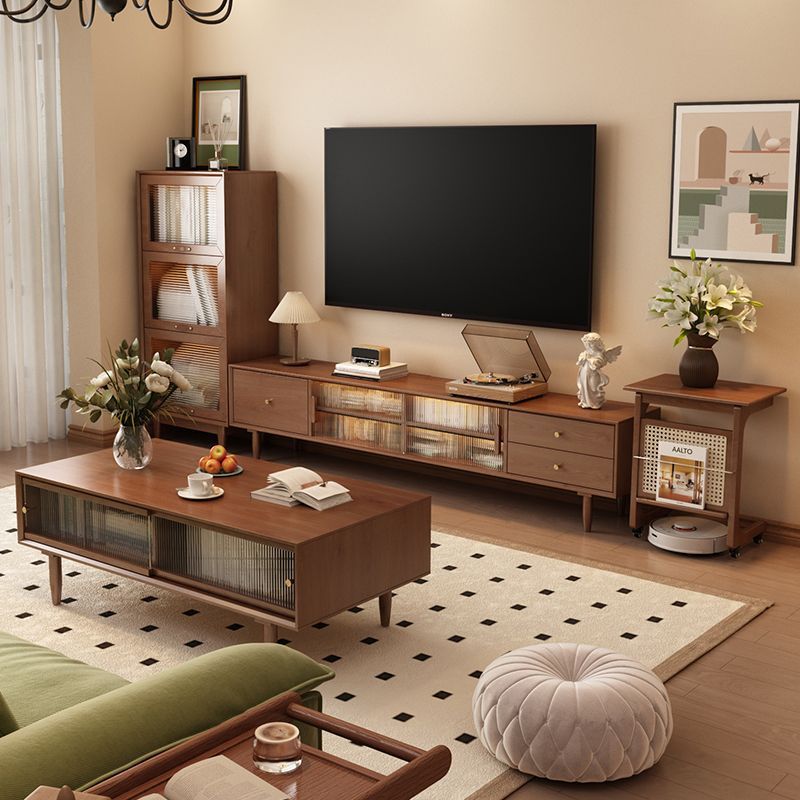 Pure Solid Wood Tv Cabinet Floor-Standing Mid-Century Style Walnut Side Cabinet Tv Cabinet Coffee Table Combination Living Room Storage Storage Cabinet