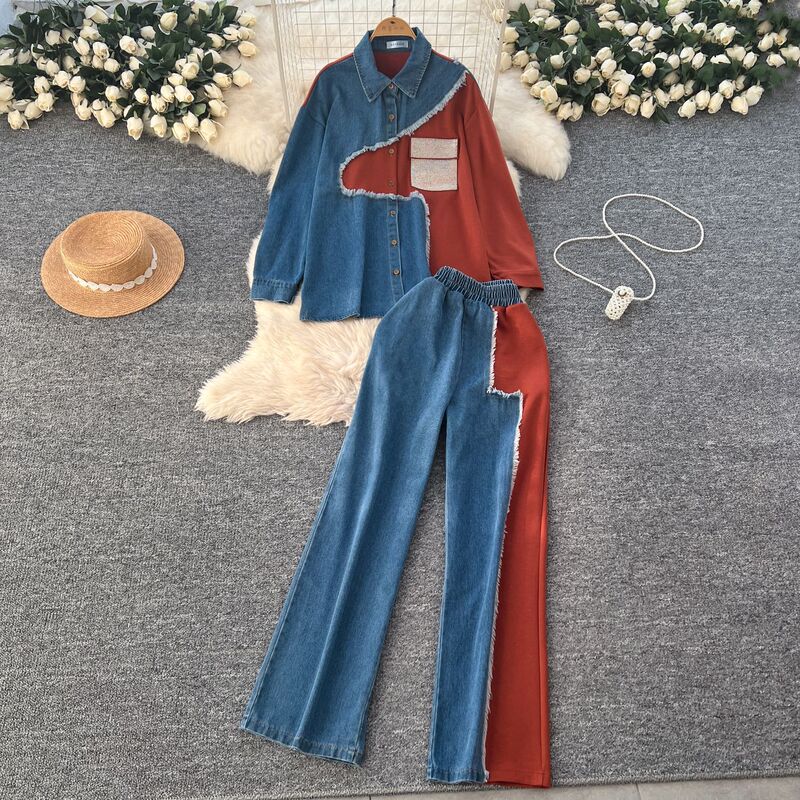 Hong Kong Style Retro Casual Suit for Women Korean Style Contrasting Color Stitching Denim Shirt + High Waist Loose Wide Leg Pants Two-Piece Set