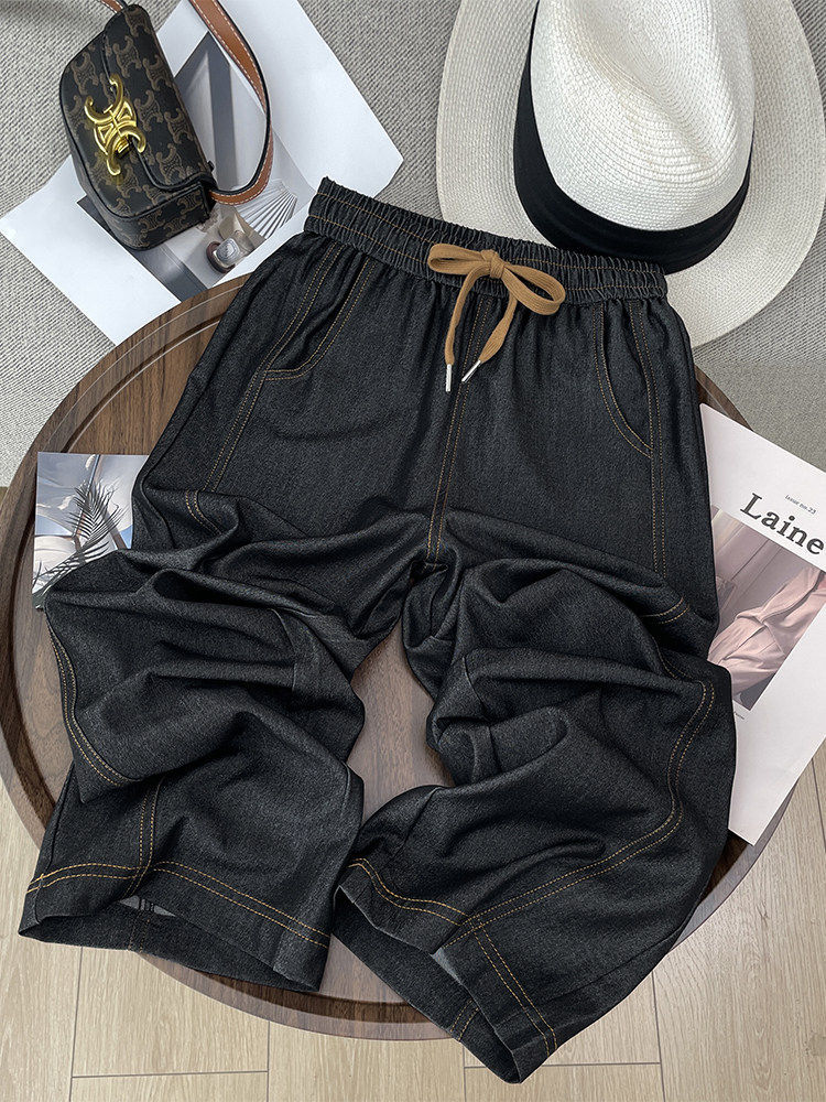 Quần jean nữ ống rộng cạp cao vải denim mỏng nhẹ dáng suông — Đen - Loại thông thường