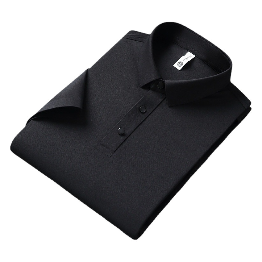 Polo de los hombres de seda de hielo adhesivo sin costuras de gama alta manga corta Camiseta de los hombres verticales sin planchar elástico superior de la solapa