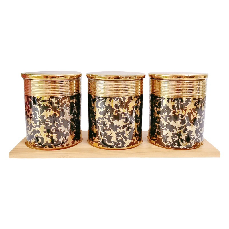 Jarra sellada chapada en oro de cerámica tarro de condimento de cocina tarro de almacenamiento de granos tarro de almacenamiento de dulces tarro de té de café