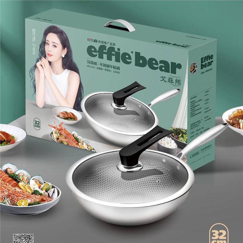 Effie Bear Honeycomb 코팅 홈 Wok 선물 안티 스케일 스틸 핸들 스테인레스 스틸 스틱 팬 공장 도매 철 팬
