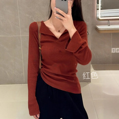 纯色V领修身款上衣女2025早秋新品软糯减龄纸片人亲肤针织打底衫