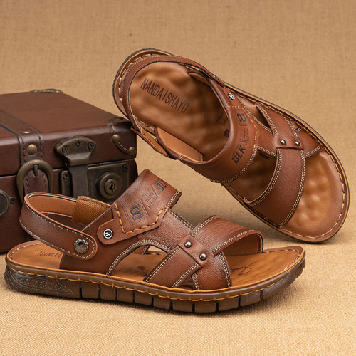 Sandals for men  new top layer cowhide casual beach shoes for men trendy summer outdoor wear dual-purpose sandals and slippers for men