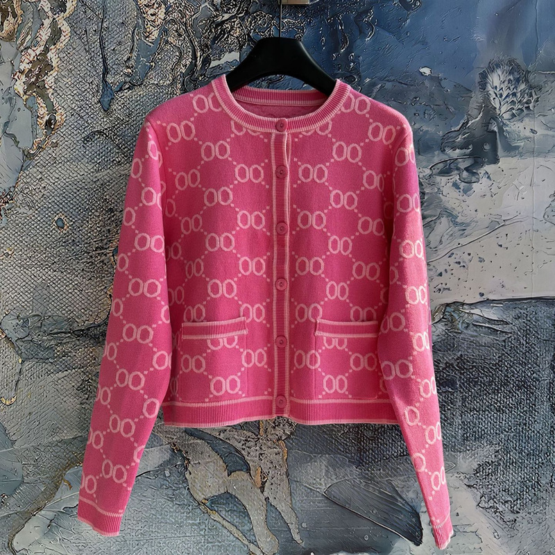 Nanyou Classy Round Neck Knitted Wool Cardigan Double Cg Flap Pocket Pants Button Pink Jacket Jacquard Sweater for Women Nanyou Classy Round Neck Knitted Wool Cardigan Double Cg Flap Pocket Pants Button Pink Jacket Jacquard Sweater for Women