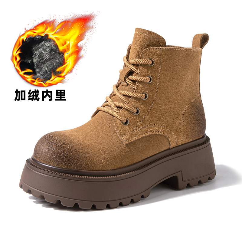 时尚厚底增高马丁靴女2025秋季新款复古显瘦擦色短靴系带大黄靴子|undefined