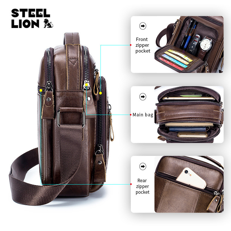 Viejo León primera capa de piel de vaca bolsa de mensajero de los hombres de comercio exterior de múltiples funciones de Europa y América moda bolso de los hombres 2024 Nuevo