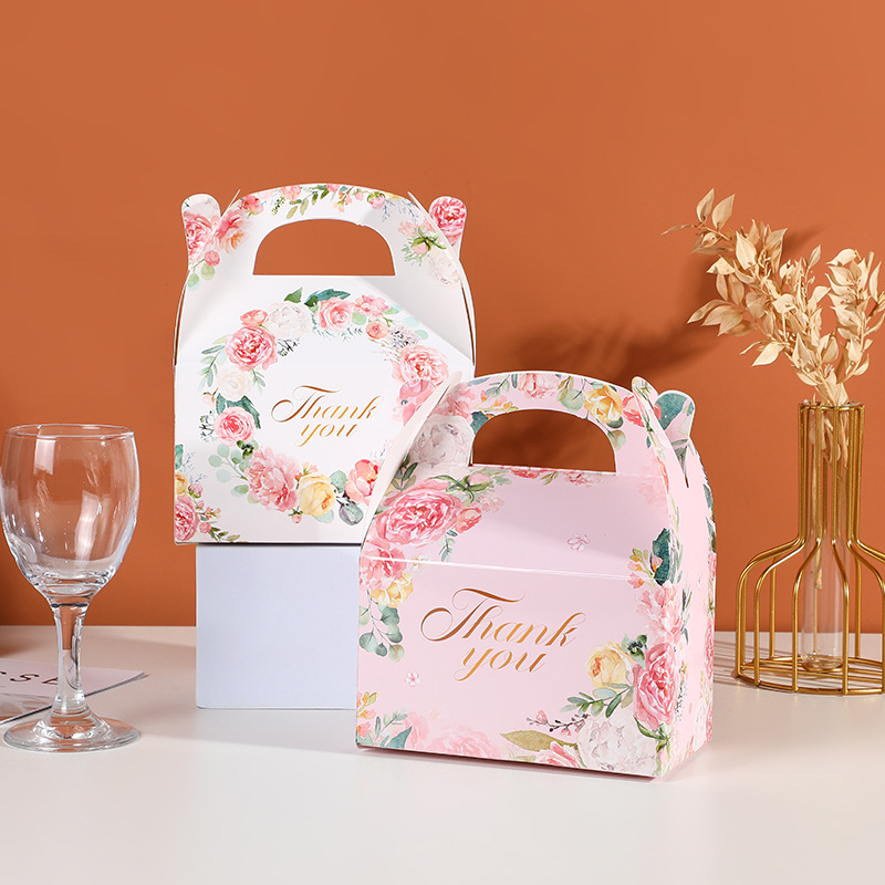 粉白色花朵图案手提蛋糕盒 烫金印花小蛋糕盒 烘焙小糕点礼盒