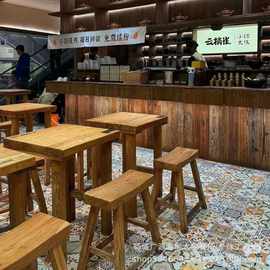 老榆木餐桌米线砂锅面馆方桌全实木餐桌四方桌八仙桌喝茶桌