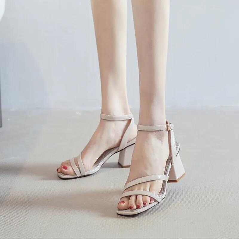 One-Strap Chunky Heel Sandals for Women, 2022 Summer New Fashion Versatile Buckle-Style Small Square Toe Chunky High Heels