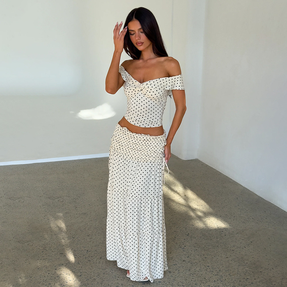 Women's Polka Dot Skirt Set Off-Shoulder Top & Pleated Midi Skirt Summer New Arrival_ecoleips.com