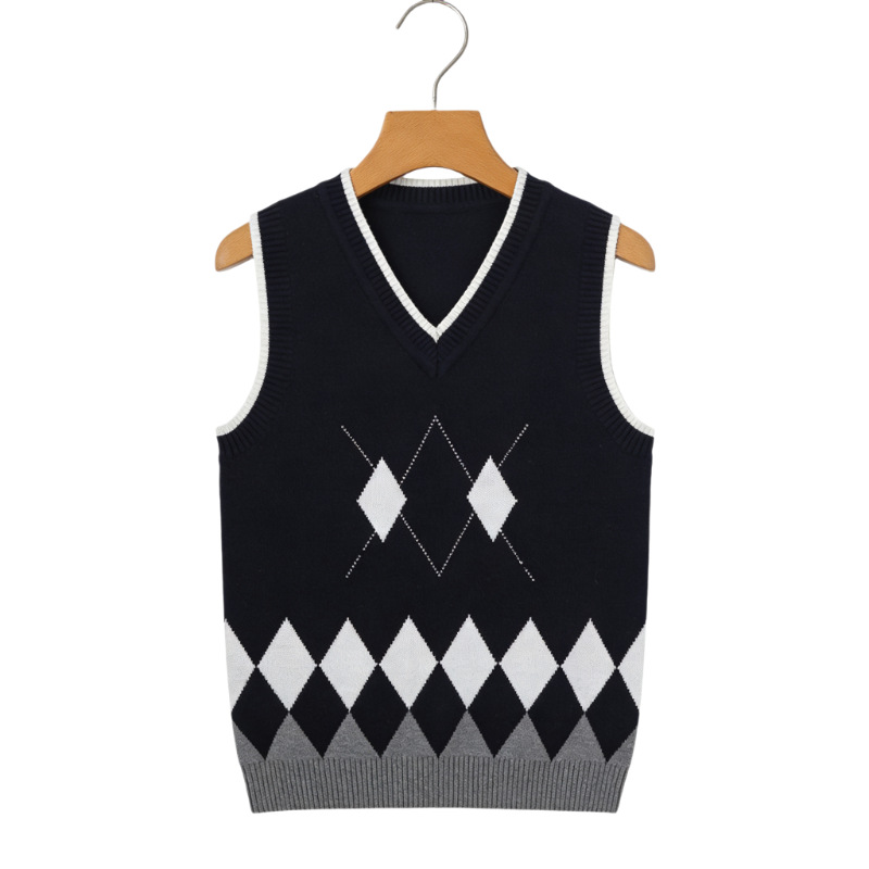 Academy-Style Pure Cotton Knitted Jacquard Vest V-Neck Sweater Class Uniform School Uniform Sleeveless Knitwear