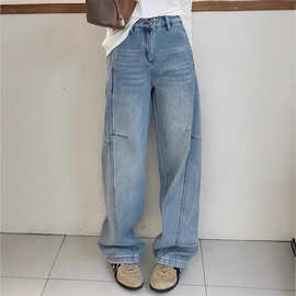 欧洲站2024冬季新款欧货设计感拼接水洗蓝色加厚绒弯刀牛仔阔腿裤