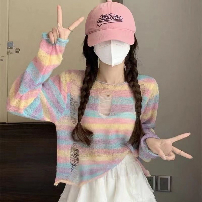 Spring and Summer Rainbow Striped Knitwear for Women, Sun Protection, Korean Style, College Style, Ripped Round Neck, Long-Sleeved Knitwear, Women's Thin Style