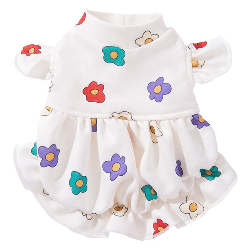 Linda pequeña flor impresa pequeña manga voladora princesa estilo vestido gato dos pies mascota perro Delgado Primavera y ropa de verano
