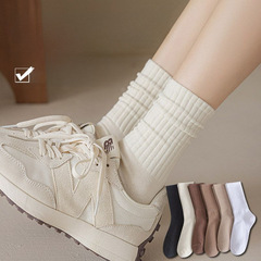 襪子女秋冬純色女襪ins日系簡約堆堆襪 條紋百搭女士中筒襪咖色系