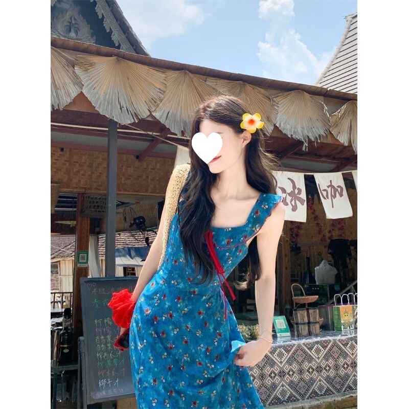 Resort Style Blue Floral Suspender Dress for Women Summer French Waist Long Skirt with Gentle Design A-Line Skirt Resort Style Blue Floral Suspender Dress for Women Summer French Waist Long Skirt with Gentle Design A-Line Skirt