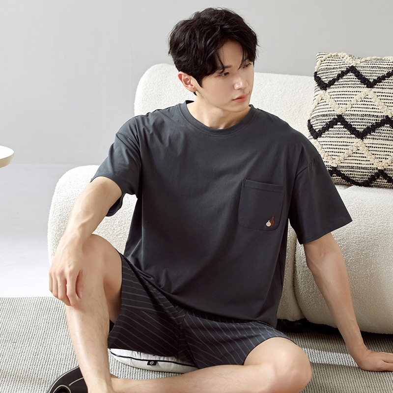 Men's Pajamas Cotton Thin Summer Short-Sleeved Shorts Suit Teenagers Korean Style Casual Loose Outer Wear Home Clothes