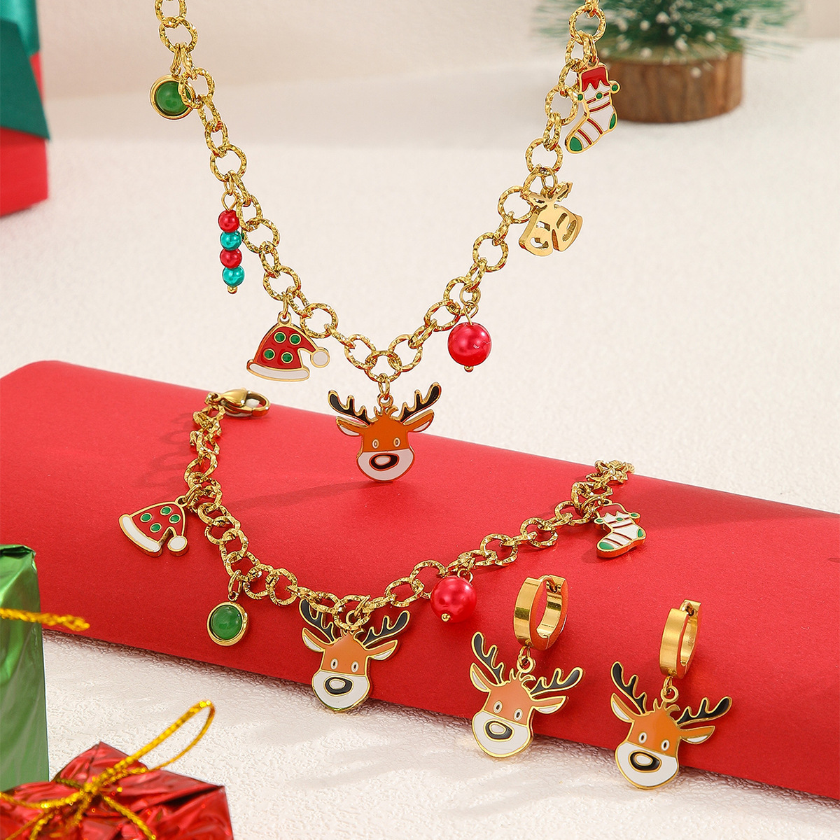 Collar de acero inoxidable de alta calidad de lujo ligero TENA Navidad alce conjunto de joyería de mano de acero de titanio no se desvanece mujer