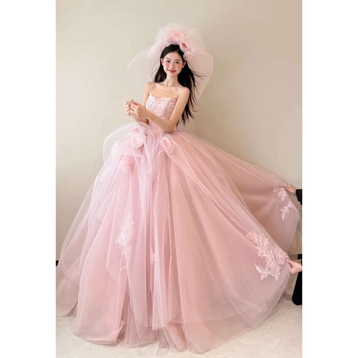 French-Style Pink Strapless Wedding Dress for Women, High-End New Model with a Luxurious Feel, Long Train, Princess Runaway Style, Fairy-Like Light Wedding Dress