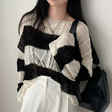 外贸慵懒风撞色条纹针织衫女夏季小众设计感镂空长袖防晒针织罩衫