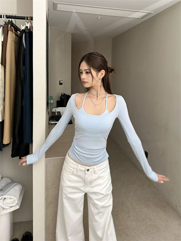 设计感韩系纯欲长袖t恤女秋冬外穿修身显瘦辣妹u领假两件内搭上衣|undefined