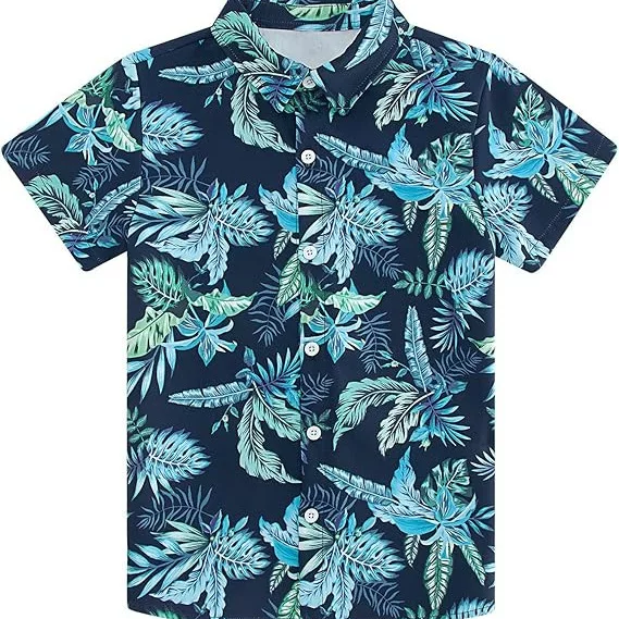 Amazon's Best-Selling Hawaiian Children's Shirt with Blue and Green Tropical Plant Print for Boys, Casual Vacation Short-Sleeved Shirt for Boys