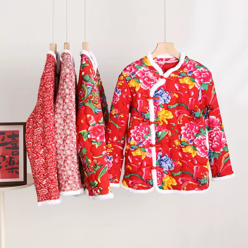 东北大花小棉衣加绒加厚棉服中式外套上衣女民族风偏襟盘扣花棉袄