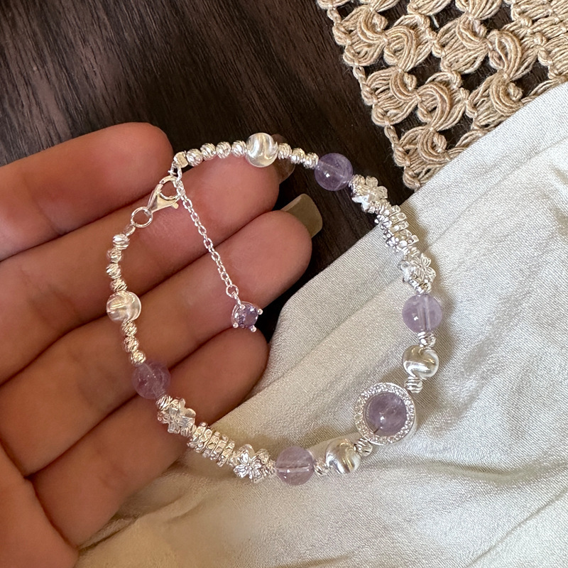 Sterling Silver Bracelet, New Simple 925 Amethyst Cat's Eye Twisted Silver Bracelet with Adjustable Silver Jewelry