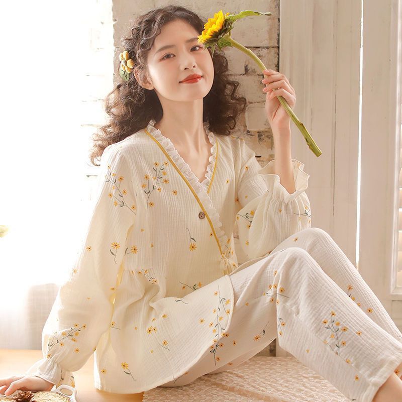 2025 New Japanese Style Cute Cotton Pajamas Women's Spring and Autumn Long Sleeve V-Neck Home Clothes Outer Wear Moon Clothes