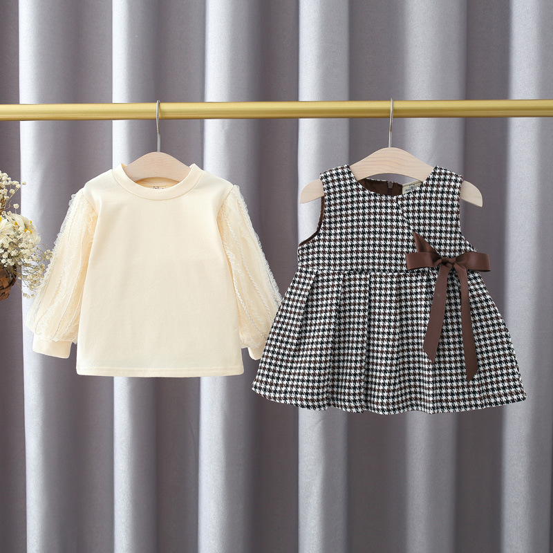 Children's clothing girl suit Spring and autumn season Baby children Female baby Long sleeve T-shirt houndstooth vest skirt Two piece set