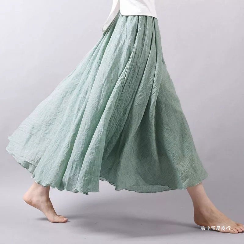 Double-Layer Cotton and Linen Skirt for Women, Summer Fresh Style, Artistic Fairy-Like Flowing Dance Skirt with a Large Hem