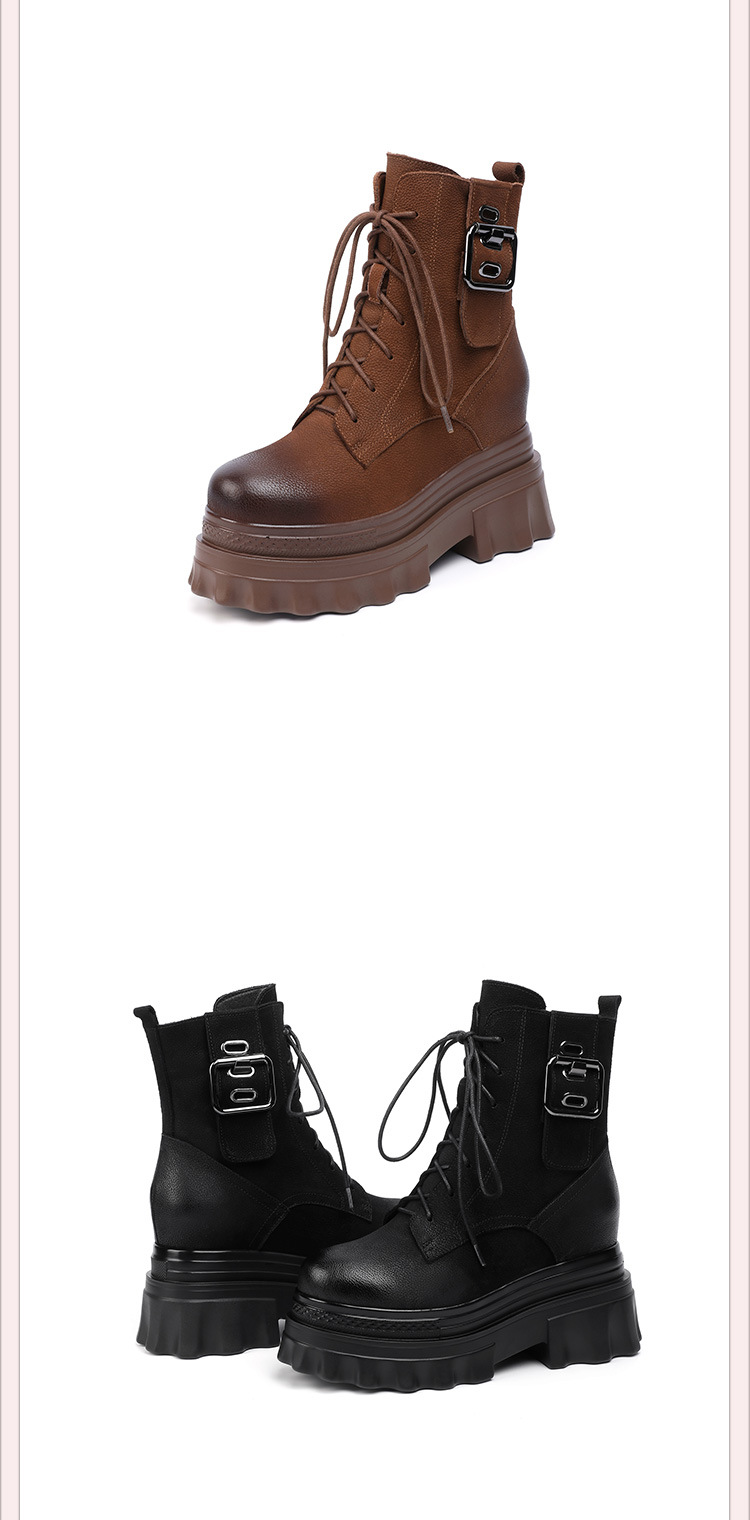 Boot nữ cổ thấp phong cách Anh quốc cổ điển, khóa kéo bên hông, đế dày 10 cm tăng chiều cao — Lót nhung đen chi tiết 13