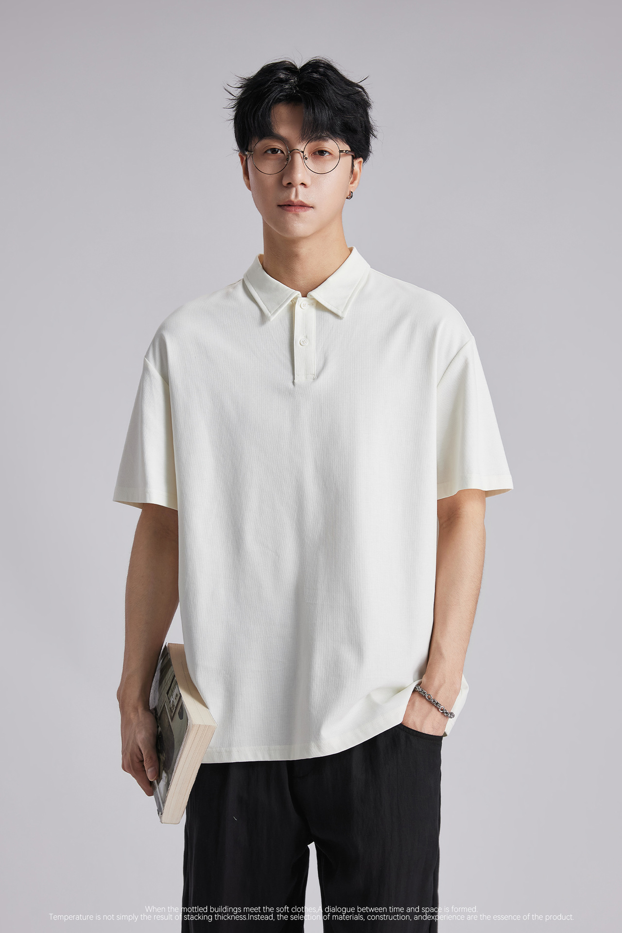 Áo polo nam cổ bẻ dáng rộng chất liệu cotton dày 220g, tay ngắn thoáng khí — đen chi tiết 3