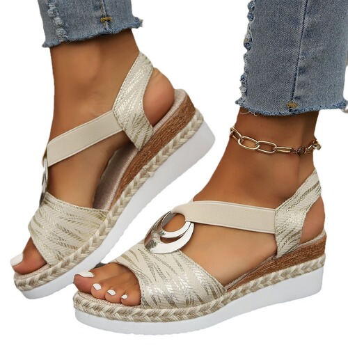 Plus-size wedge sandals for women: metallic buckle, jute rope details, lightweight platform soles, and chunky block heels with a peep-toe design
