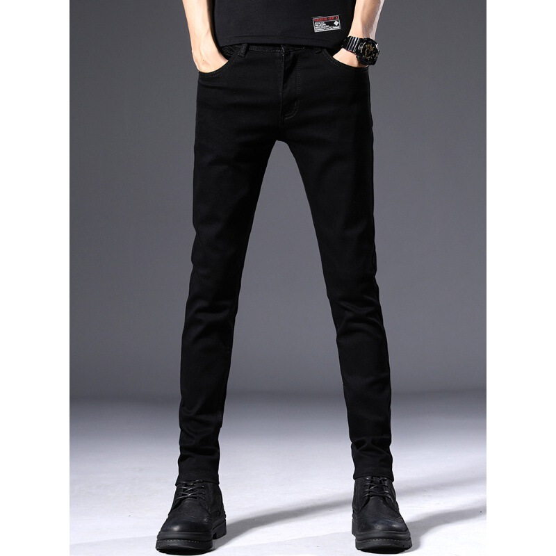 Spring and Autumn black tight Denim trousers men's autumn Korean style fashionable slim fit skinny stretch with Martin boots pants