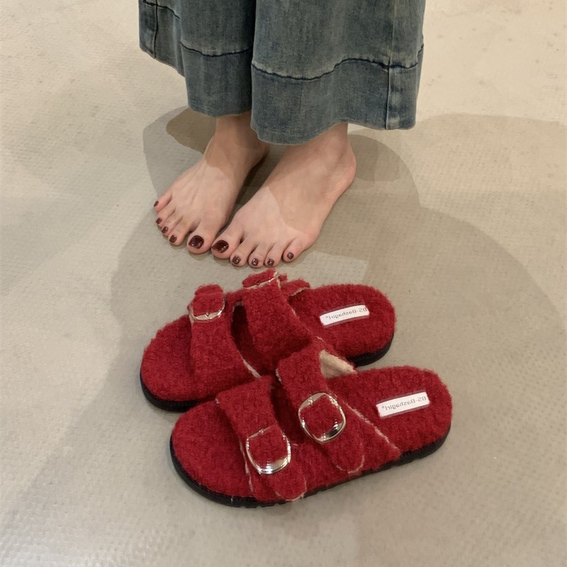 韩版勃肯毛毛拖鞋女外穿秋冬新款羊羔毛厚底一脚蹬懒人棉拖鞋子女|undefined