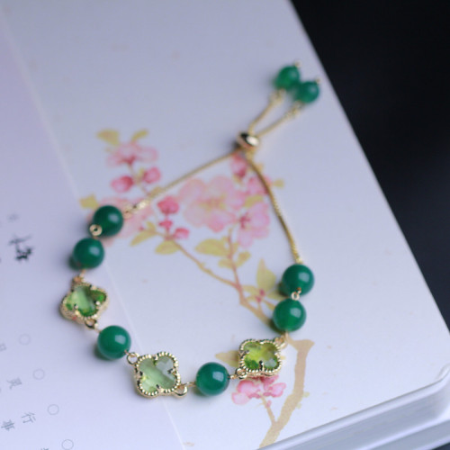 Natural Green Agate Single Ring Bracelet with Clover 14k Gold Chain Girls Fashion Versatile Auspicious Bracelet