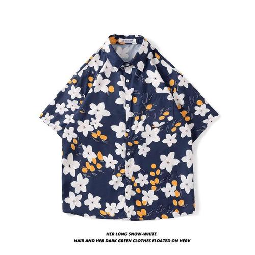 Men's Summer Vintage Hong Kong Style Floral Print V-Neck Shirt Loose Thin Top