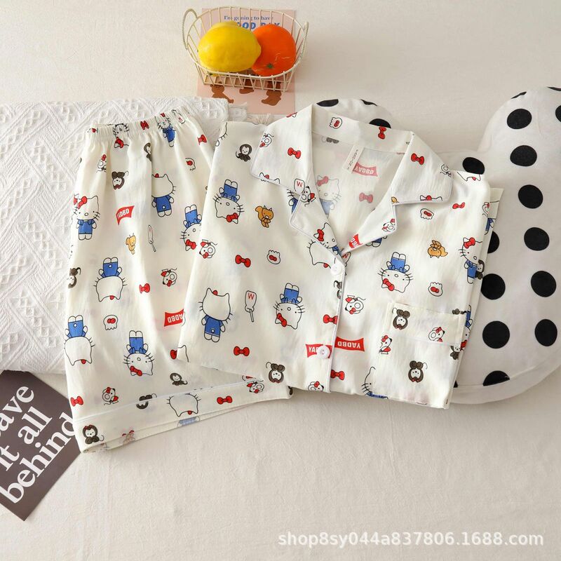 Summer Women's Pajamas Cloud Cotton Cardigan Lapel Sweet Girl Pajamas Short-Sleeved Shorts Women's Home Wear Set