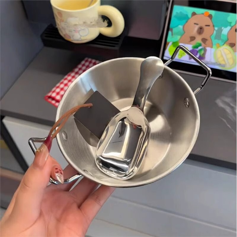Food Grade Stainless Steel Double Ear Bowl Korean Rice Wine Bowl Cooking Bowl Super Cute Cute Double Ear Bowl Kashabala Spoon