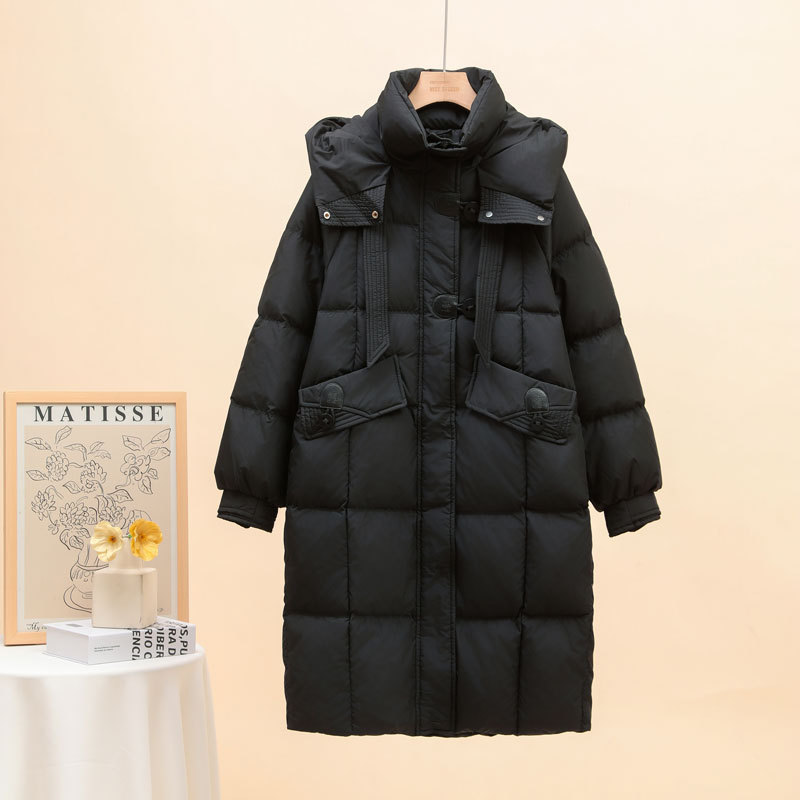 中丈の白いグースダウンジャケット レディース 2025年新作 韓国風 厚手 リボン付き フード付き ゆったり 膝丈 冬用コート