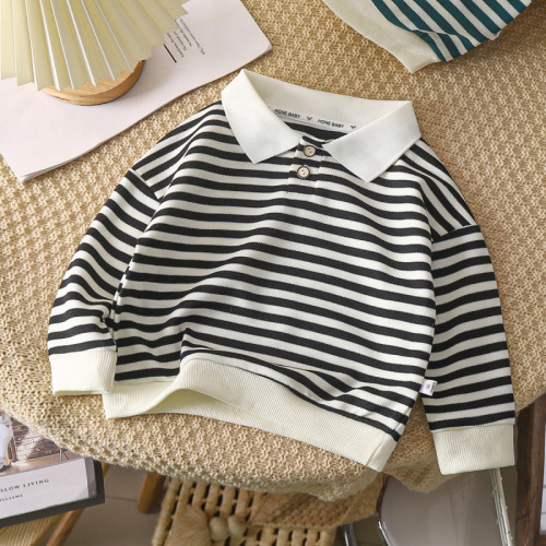 Children's long-sleeved polo shirt, new autumn style, unisex top, medium-sized fashionable striped t-shirt with turn-down collar