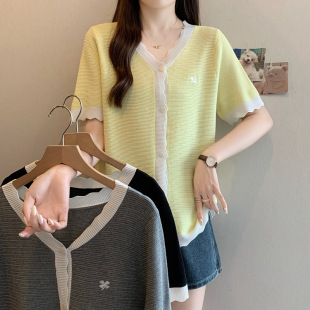 Real Shot of Plus Size Women's Clothing 2025 Summer New Loose Knitted Cardigan Top Fat mm Versatile Ice Silk Short-Sleeved T-Shirt