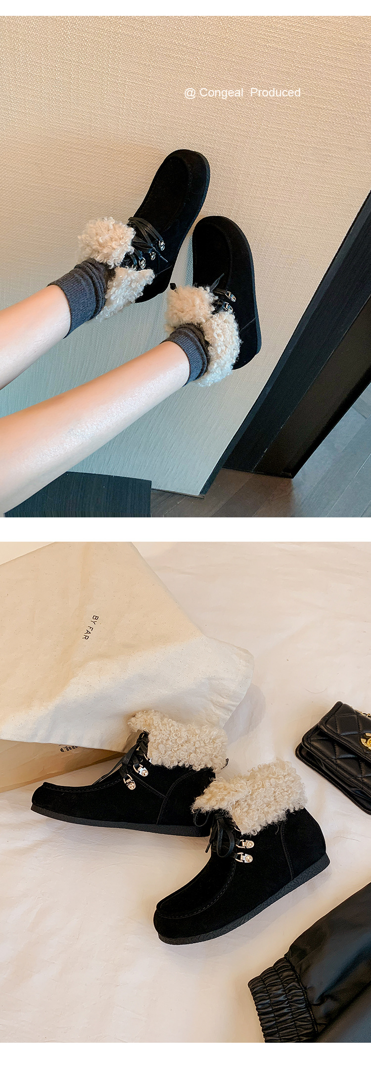 Boot tuyết nữ cổ cao lót lông giữ nhiệt, mũi tròn, dây buộc, tăng chiều cao bên trong — Vàng kem lót đơn, Đen lót nhung, Vàng kem lót nhung, Nâu lót nhung chi tiết 19