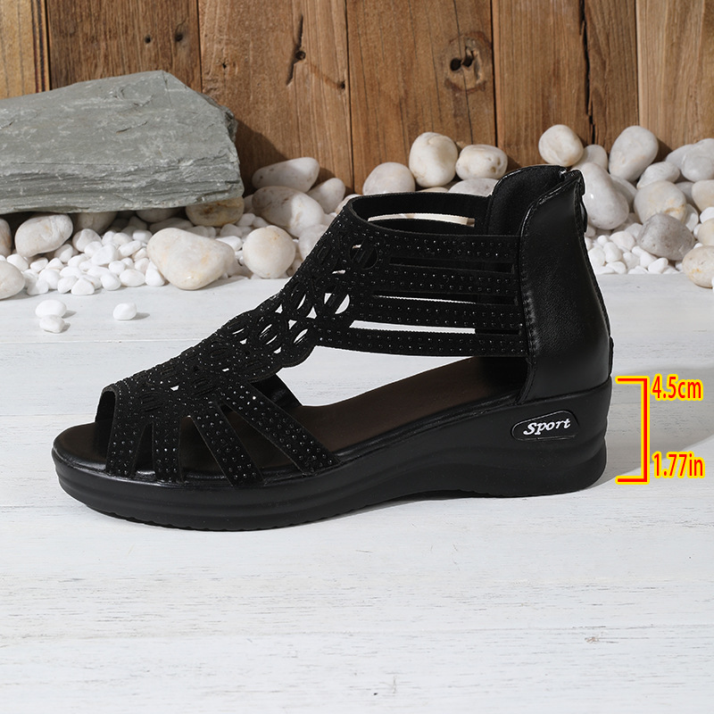 Verano de tacones gruesos de pendiente impermeable sandalias de tacones altos de cuero suave sandalias huecas con cremallera trasera sandalias romanas huecas