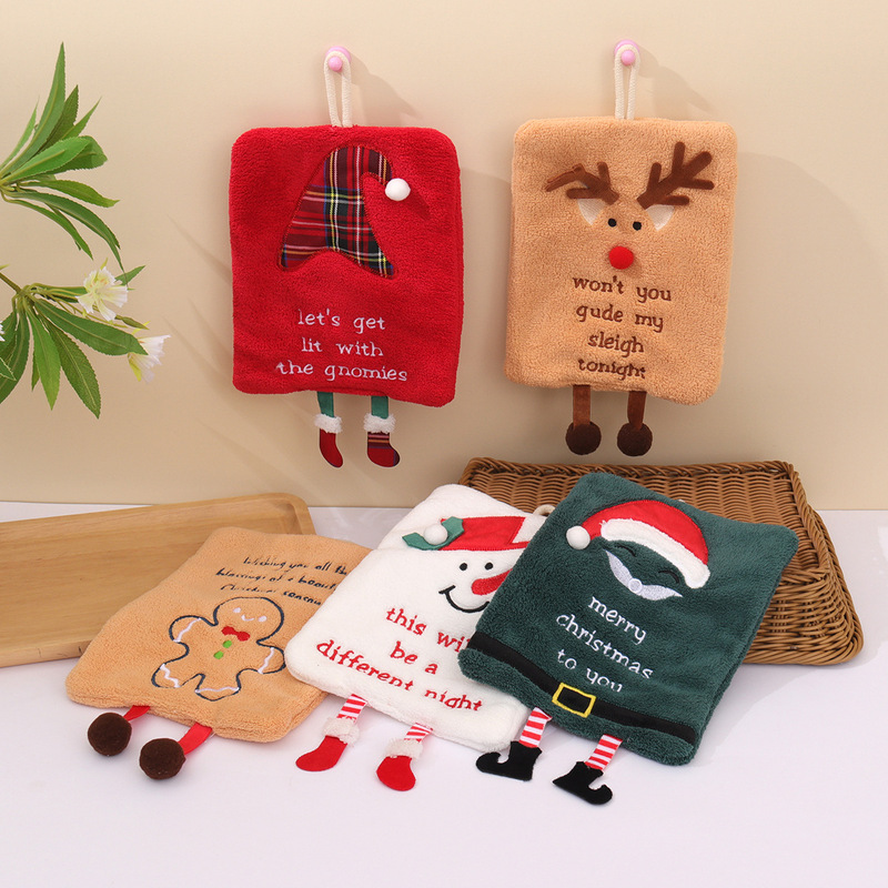 New Christmas Hand Towel Hanging Thickened Coral Velvet Towel Kitchen Absorbent Quick-Drying Rag Cartoon Hand Towel